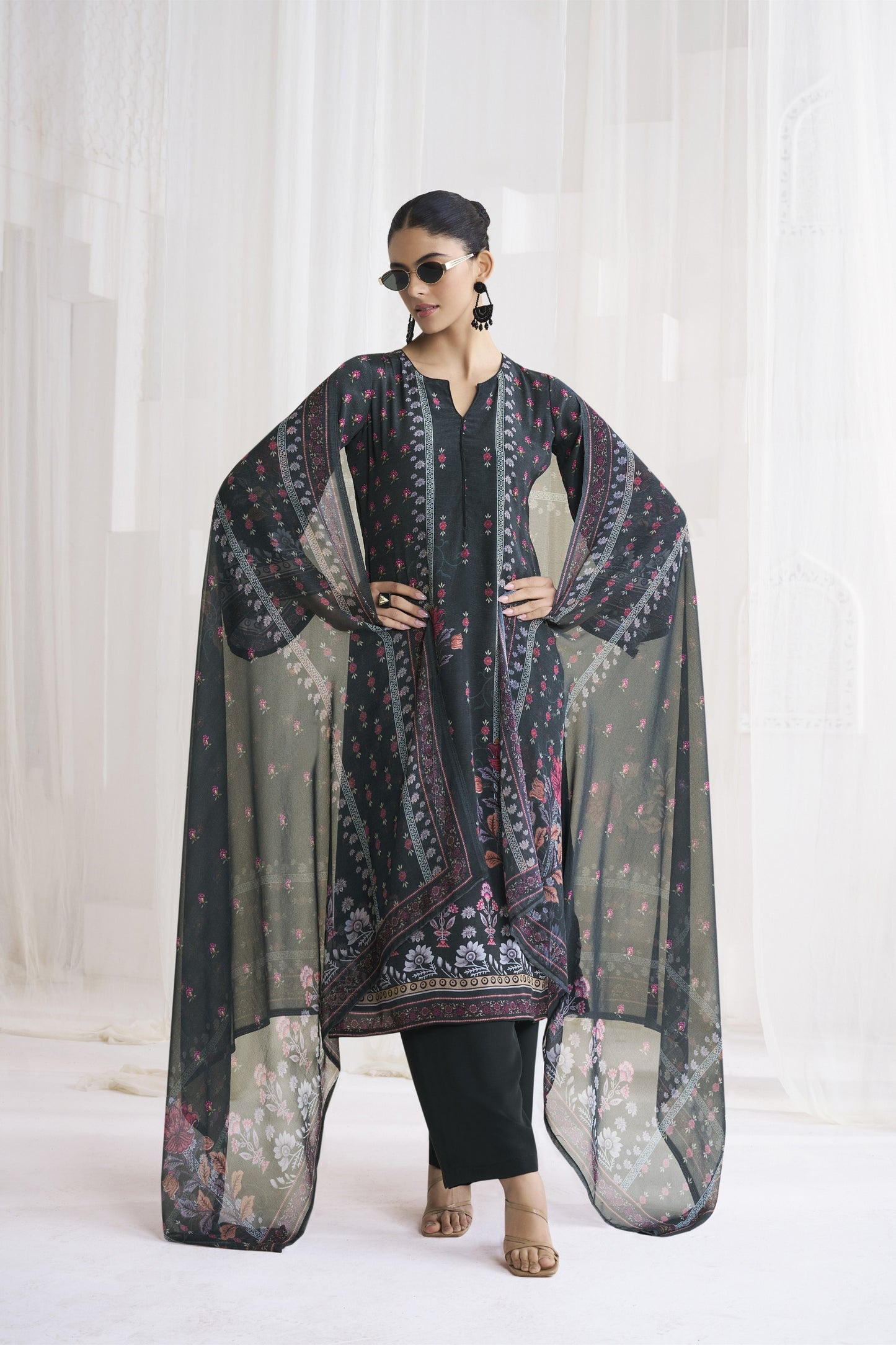 Amazing Black Crepe Digital Printed Salwar Suit with Dupatta for Women