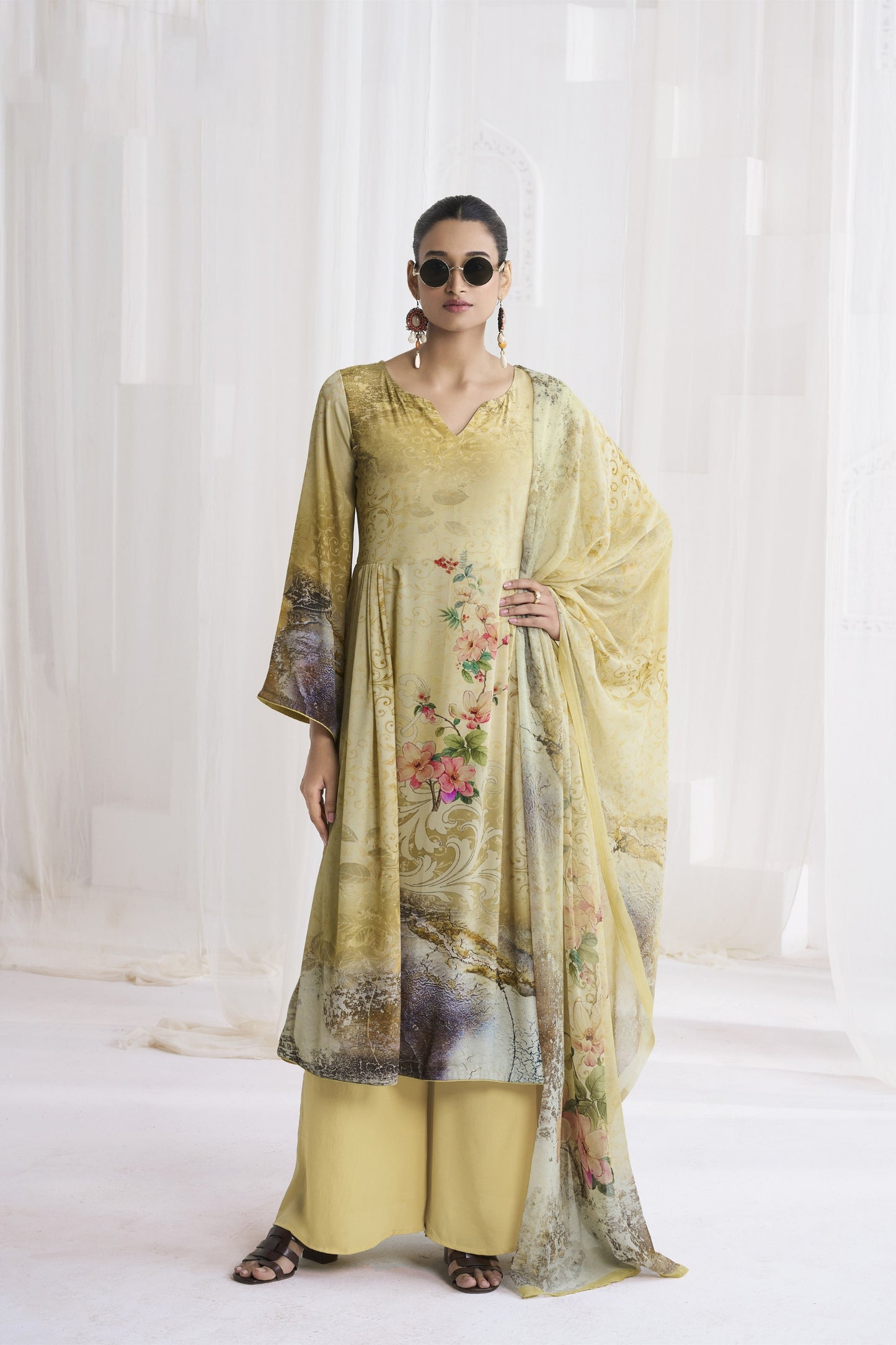 Delicate Yellow Crepe Digital Printed Salwar Suit with Dupatta for Women
