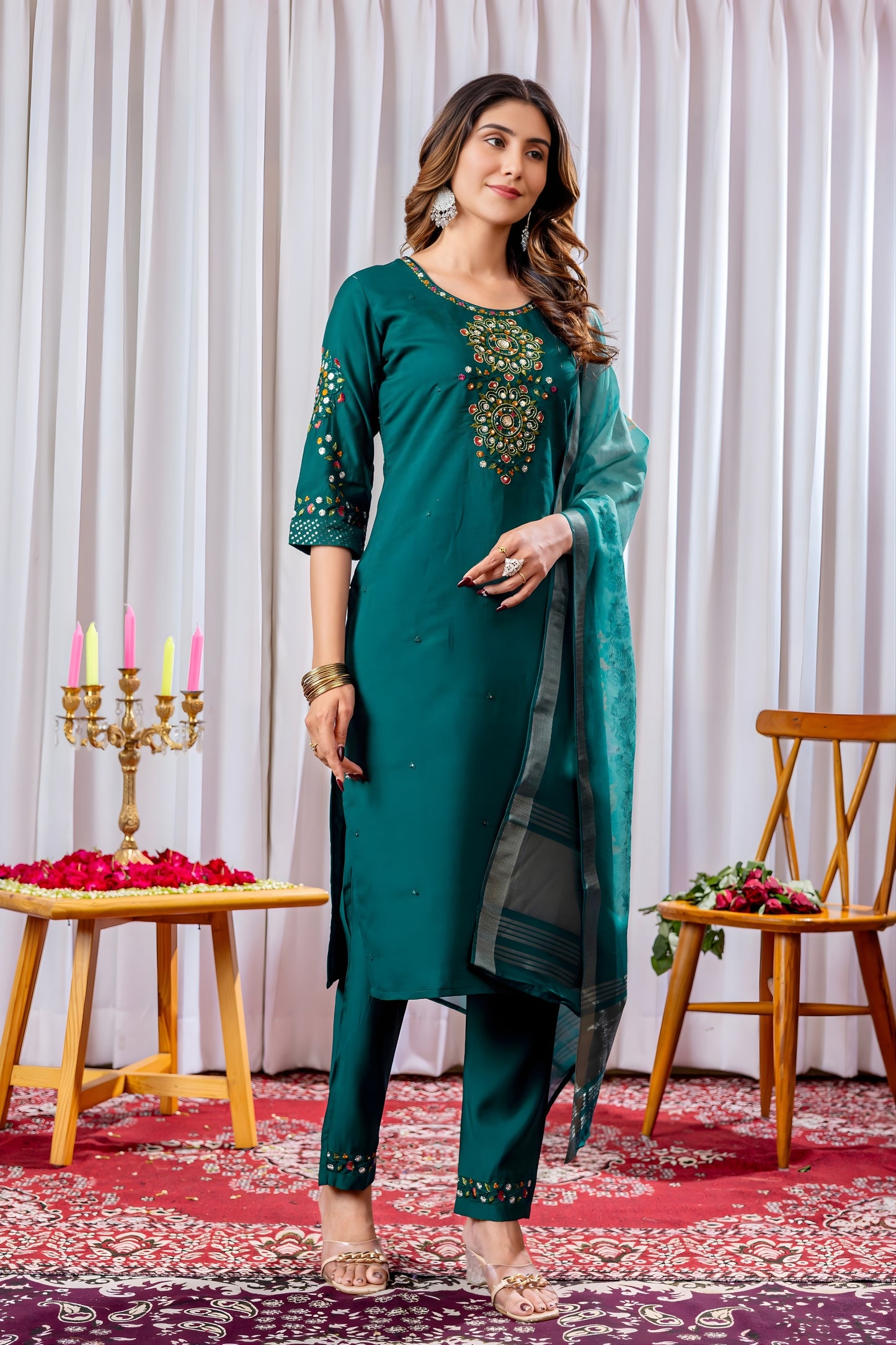 Elegant Teal Green Embroidered Viscose Silk Readymade Salwar Suit with Dupatta for Women
