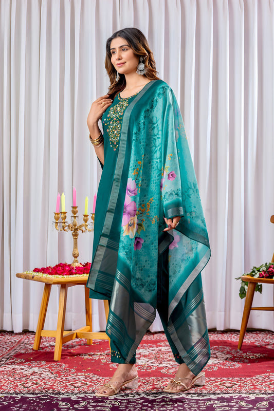 Elegant Teal Green Embroidered Viscose Silk Readymade Salwar Suit with Dupatta for Women