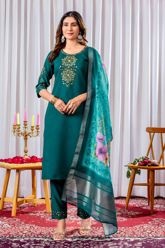 Elegant Teal Green Embroidered Viscose Silk Readymade Salwar Suit with Dupatta for Women
