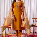 Stylish Orange Embroidered Viscose Silk Readymade Salwar Suit with Dupatta for Women
