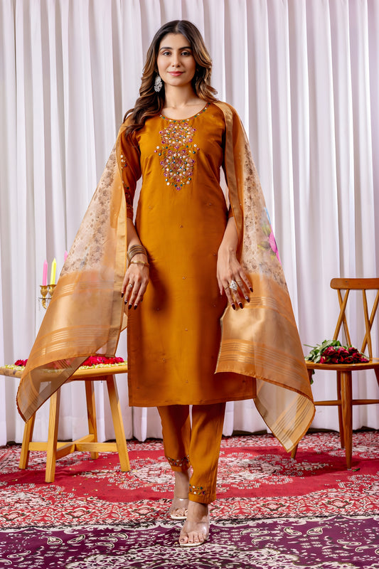 Stylish Orange Embroidered Viscose Silk Readymade Salwar Suit with Dupatta for Women
