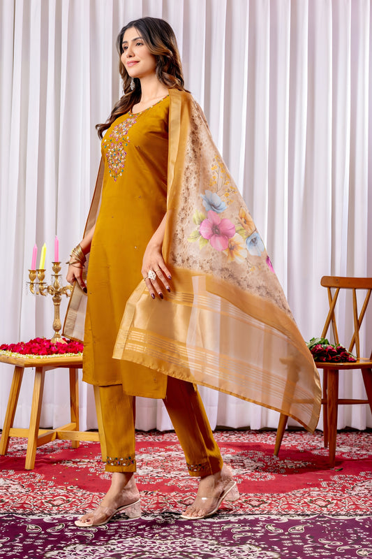 Stylish Orange Embroidered Viscose Silk Readymade Salwar Suit with Dupatta for Women
