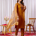 Stylish Orange Embroidered Viscose Silk Readymade Salwar Suit with Dupatta for Women