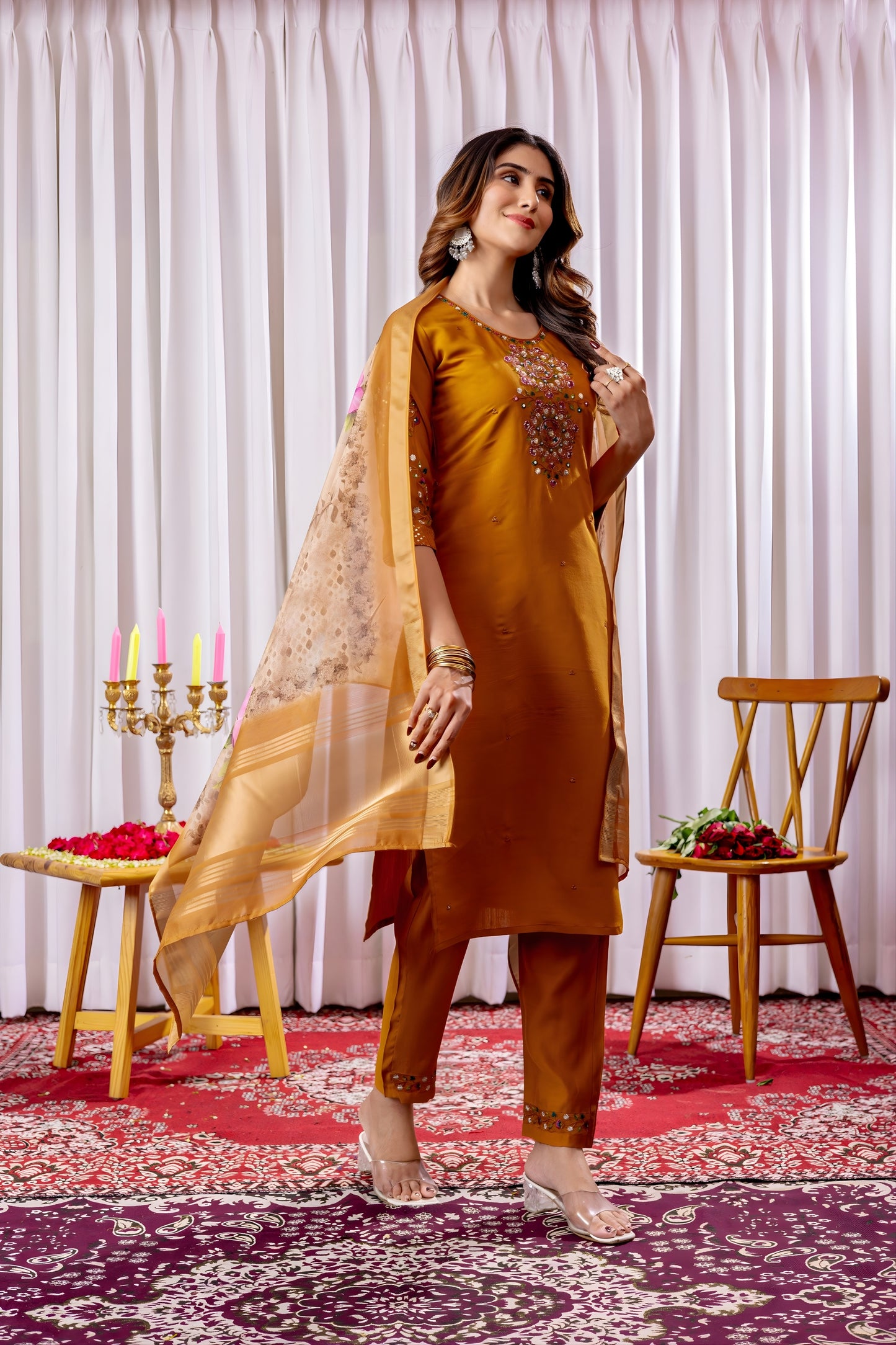 Stylish Orange Embroidered Viscose Silk Readymade Salwar Suit with Dupatta for Women