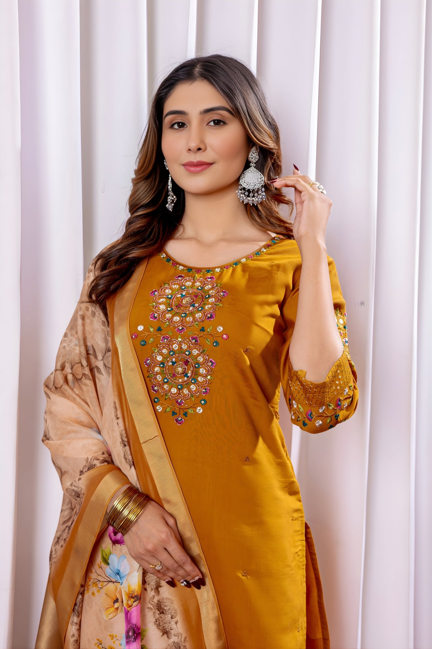 Stylish Orange Embroidered Viscose Silk Readymade Salwar Suit with Dupatta for Women