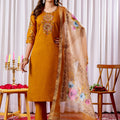 Stylish Orange Embroidered Viscose Silk Readymade Salwar Suit with Dupatta for Women