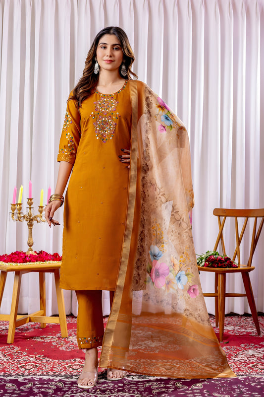 Stylish Orange Embroidered Viscose Silk Readymade Salwar Suit with Dupatta for Women