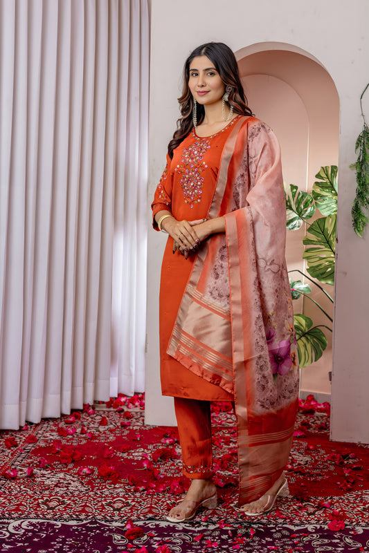 Graceful Rust Orange Embroidered Viscose Silk Readymade Salwar Suit with Dupatta for Women