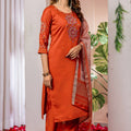 Graceful Rust Orange Embroidered Viscose Silk Readymade Salwar Suit with Dupatta for Women
