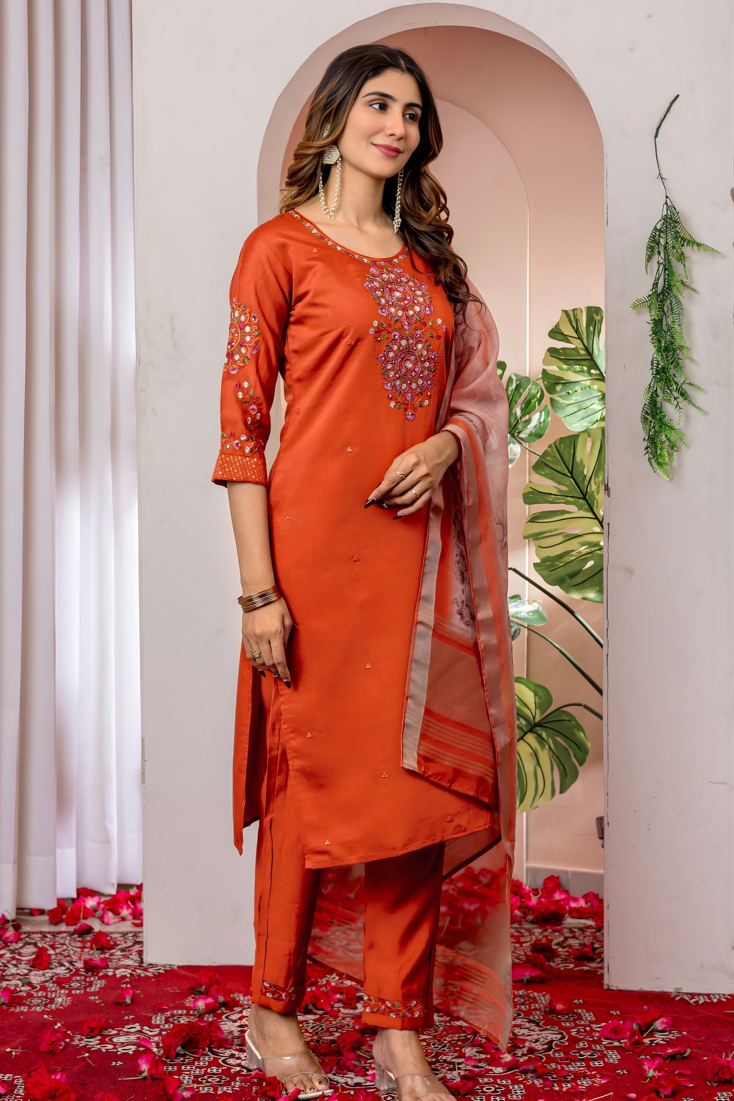 Graceful Rust Orange Embroidered Viscose Silk Readymade Salwar Suit with Dupatta for Women