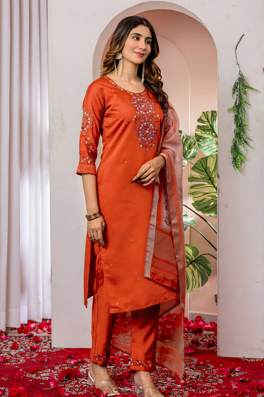 Graceful Rust Orange Embroidered Viscose Silk Readymade Salwar Suit with Dupatta for Women