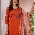 Graceful Rust Orange Embroidered Viscose Silk Readymade Salwar Suit with Dupatta for Women