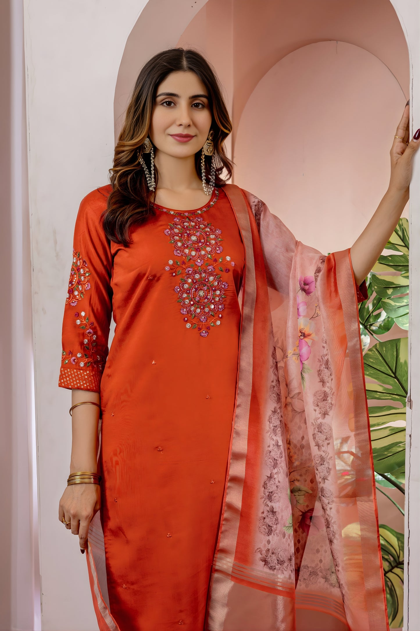 Graceful Rust Orange Embroidered Viscose Silk Readymade Salwar Suit with Dupatta for Women