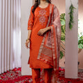 Graceful Rust Orange Embroidered Viscose Silk Readymade Salwar Suit with Dupatta for Women