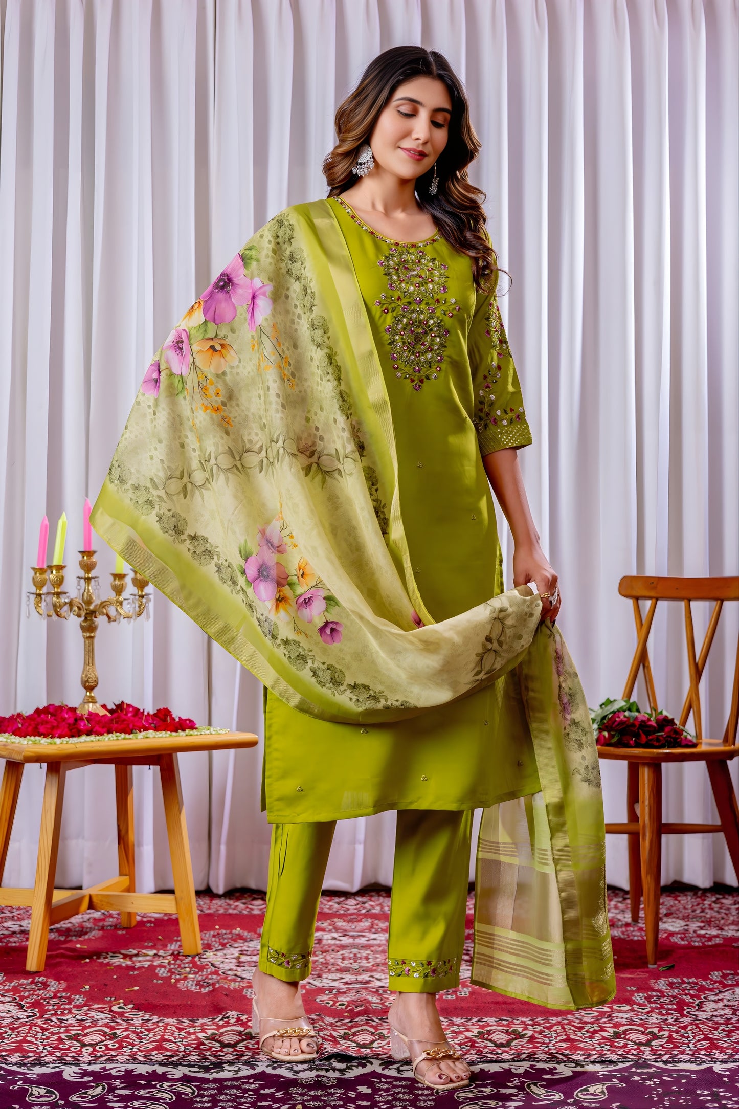 Traditional Lime Green Embroidered Viscose Silk Readymade Salwar Suit with Dupatta for Women