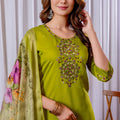 Traditional Lime Green Embroidered Viscose Silk Readymade Salwar Suit with Dupatta for Women