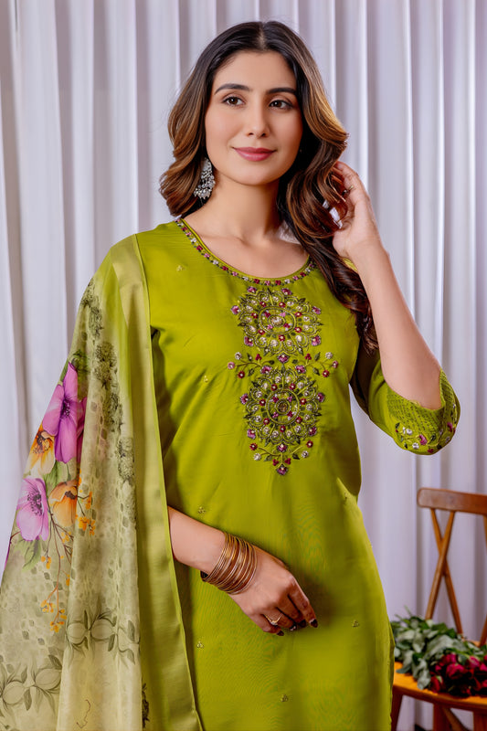 Traditional Lime Green Embroidered Viscose Silk Readymade Salwar Suit with Dupatta for Women