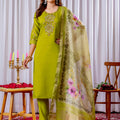 Traditional Lime Green Embroidered Viscose Silk Readymade Salwar Suit with Dupatta for Women