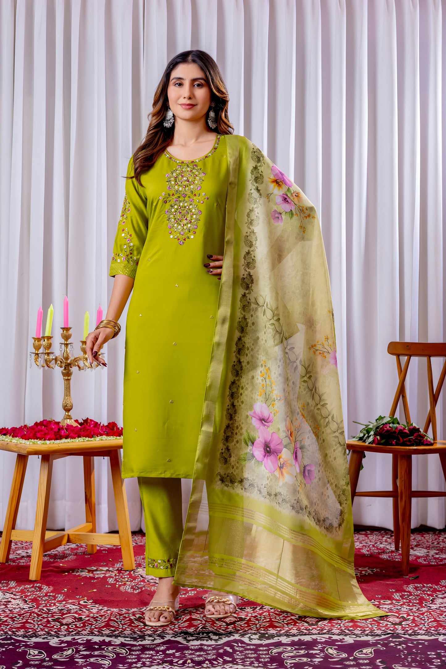 Traditional Lime Green Embroidered Viscose Silk Readymade Salwar Suit with Dupatta for Women