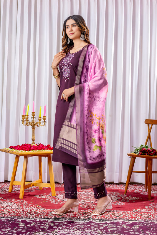 Amazing Wine Embroidered Viscose Silk Readymade Salwar Suit with Dupatta for Women