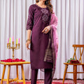 Amazing Wine Embroidered Viscose Silk Readymade Salwar Suit with Dupatta for Women