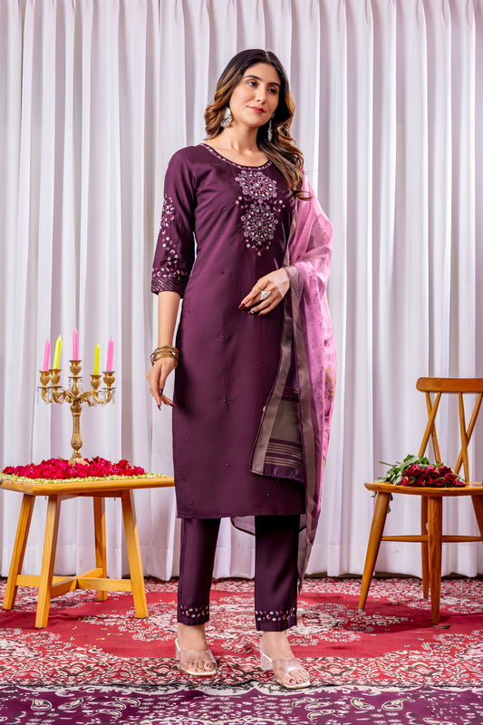 Amazing Wine Embroidered Viscose Silk Readymade Salwar Suit with Dupatta for Women