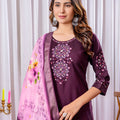 Amazing Wine Embroidered Viscose Silk Readymade Salwar Suit with Dupatta for Women