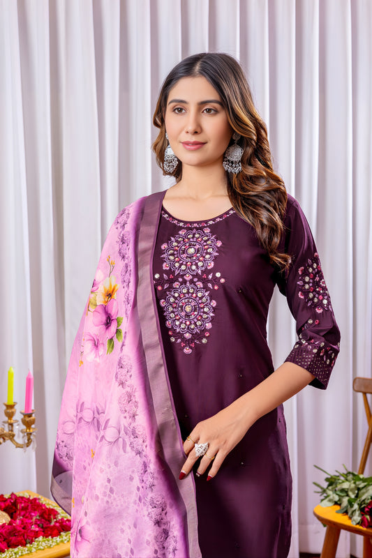 Amazing Wine Embroidered Viscose Silk Readymade Salwar Suit with Dupatta for Women