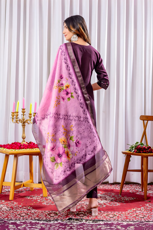 Amazing Wine Embroidered Viscose Silk Readymade Salwar Suit with Dupatta for Women