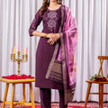 Amazing Wine Embroidered Viscose Silk Readymade Salwar Suit with Dupatta for Women