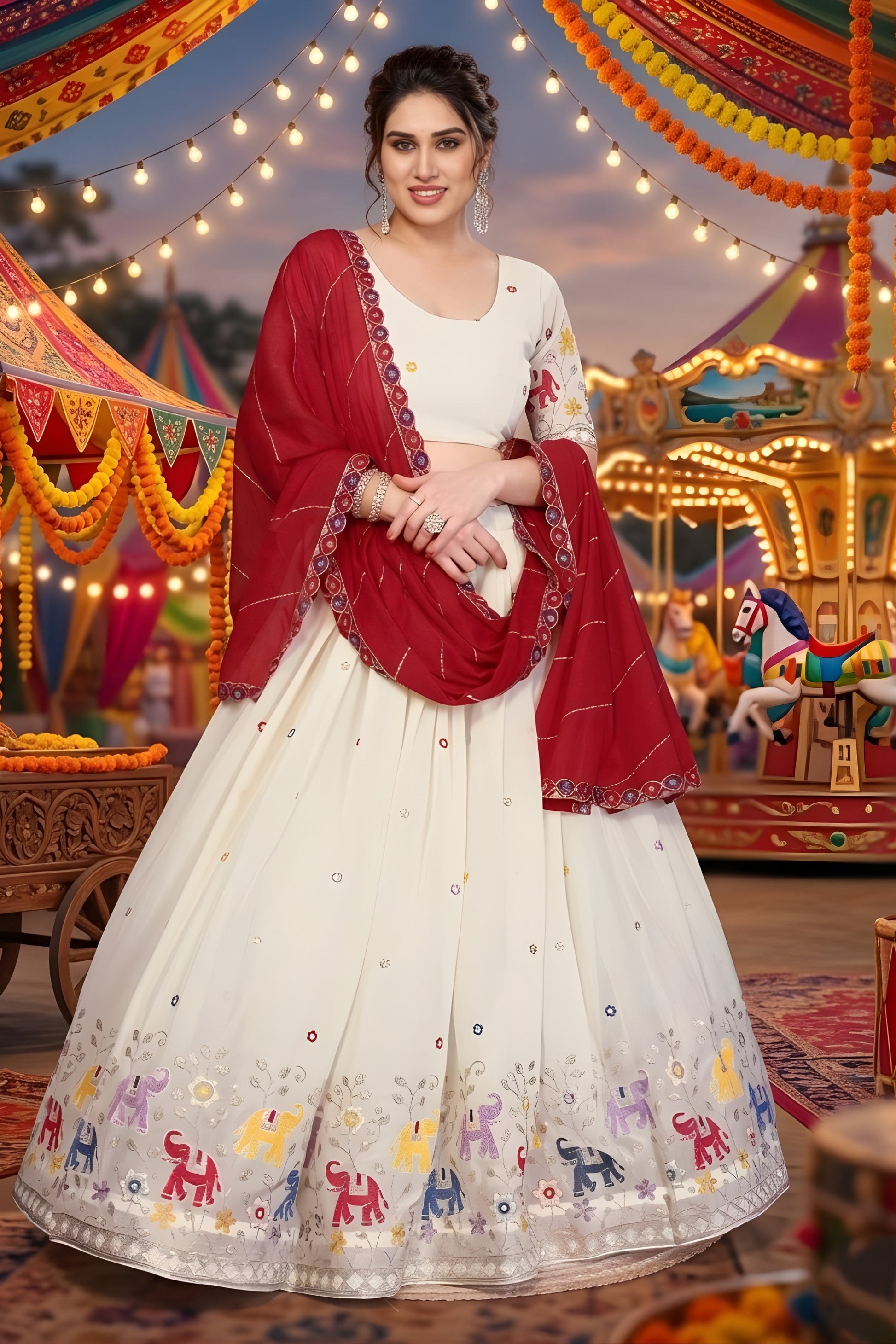 Stunning White Georgette Lehenga Choli with Elephant Motif Border and Pink Dupatta for Women