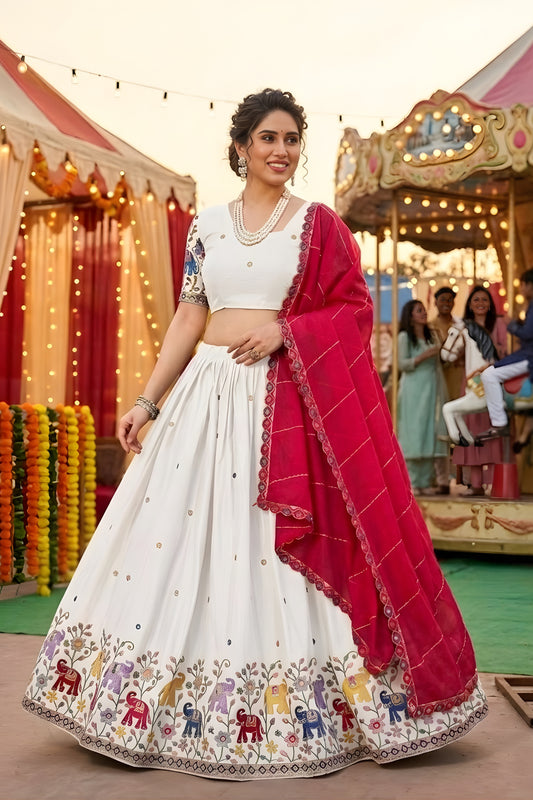 Stunning White Georgette Lehenga Choli with Elephant Motif Border and Pink Dupatta for Women