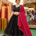 Trendy Black Georgette Lehenga Choli with Elephant Motif Border and Pink Dupatta for Women