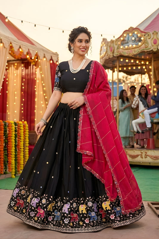 Trendy Black Georgette Lehenga Choli with Elephant Motif Border and Pink Dupatta for Women