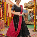 Trendy Black Georgette Lehenga Choli with Elephant Motif Border and Pink Dupatta for Women