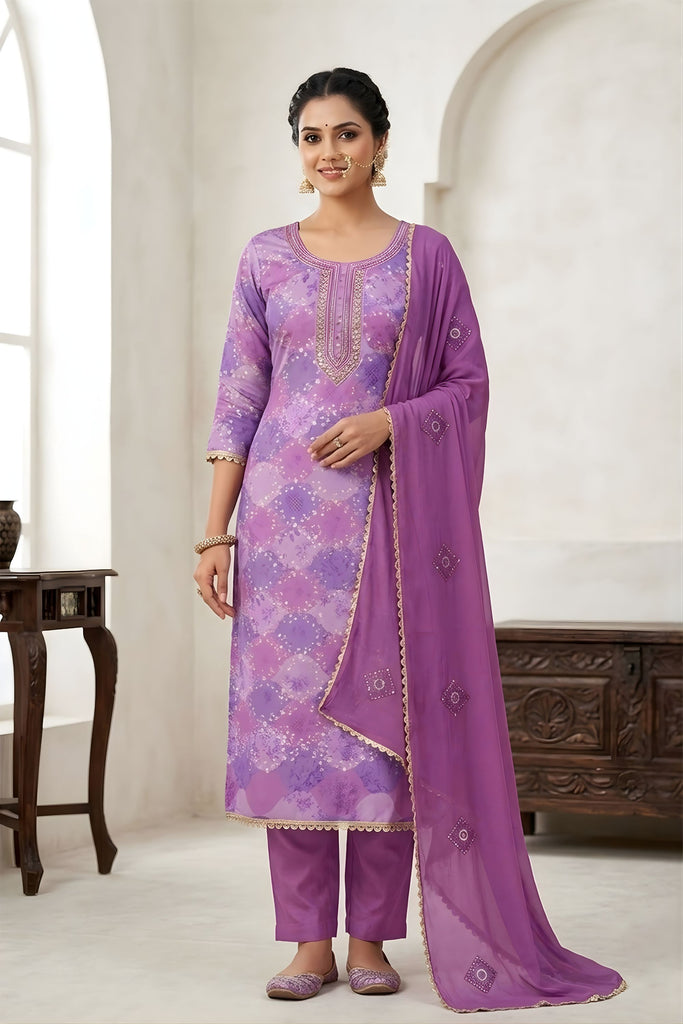 Elegant Lavender Printed Maslin Straight Cut Digital Printed Salwar Suit Dupatta for Women