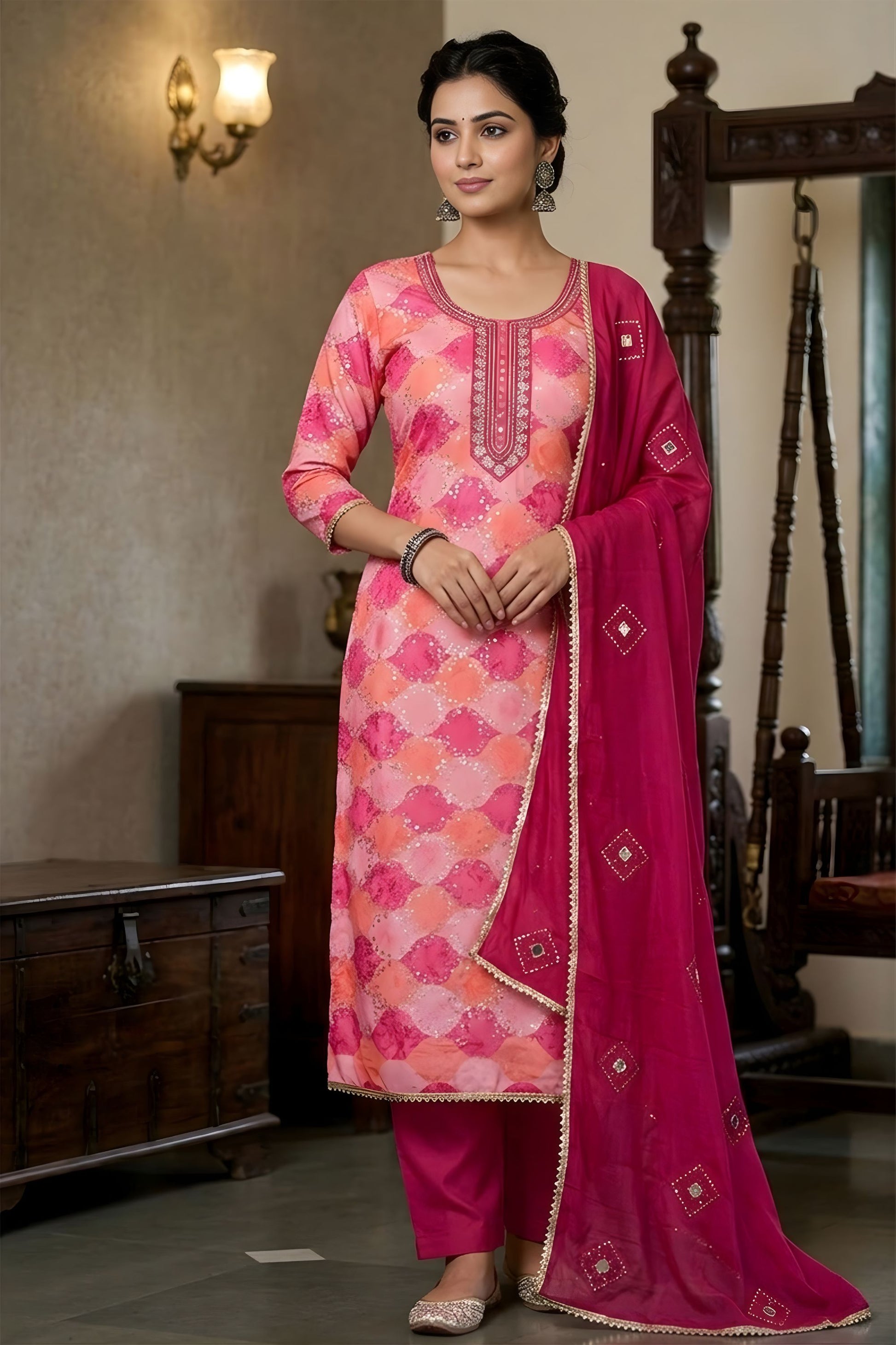 Beautifull Pink Printed Muslin Straight Cut Digital Printed Salwar Suit Dupatta for Women