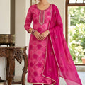 Stylish Rani Pink Printed Muslin Straight Cut Digital Printed Salwar Suit Dupatta for Women