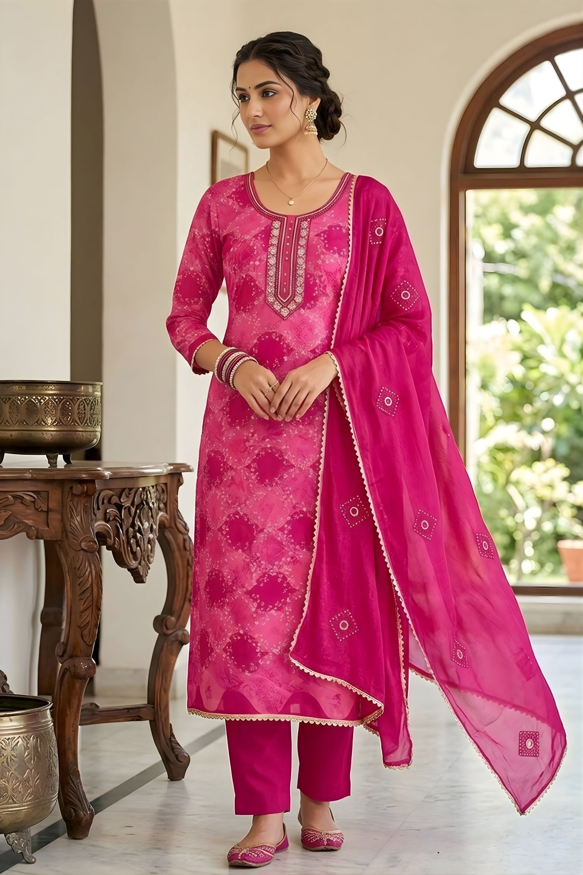 Stylish Rani Pink Printed Muslin Straight Cut Digital Printed Salwar Suit Dupatta for Women