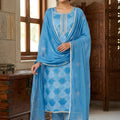 Wonderfull Sky Blue Printed Muslin Straight Cut Digital Printed Salwar Suit Dupatta for Women