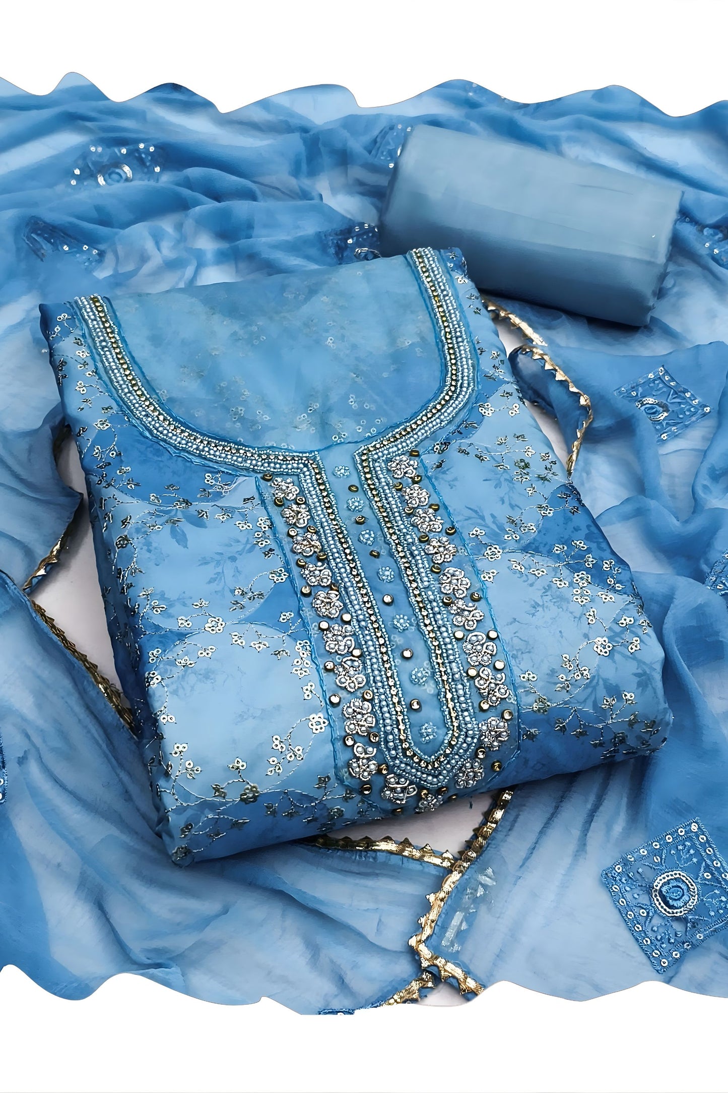 Wonderfull Sky Blue Printed Muslin Straight Cut Digital Printed Salwar Suit Dupatta for Women