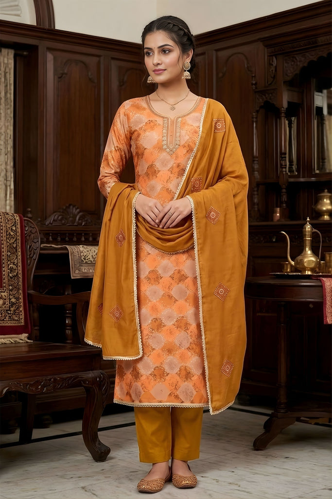 Stunning Mustard Orange Printed Muslin Straight Cut Digital Printed Salwar Suit Dupatta for Women