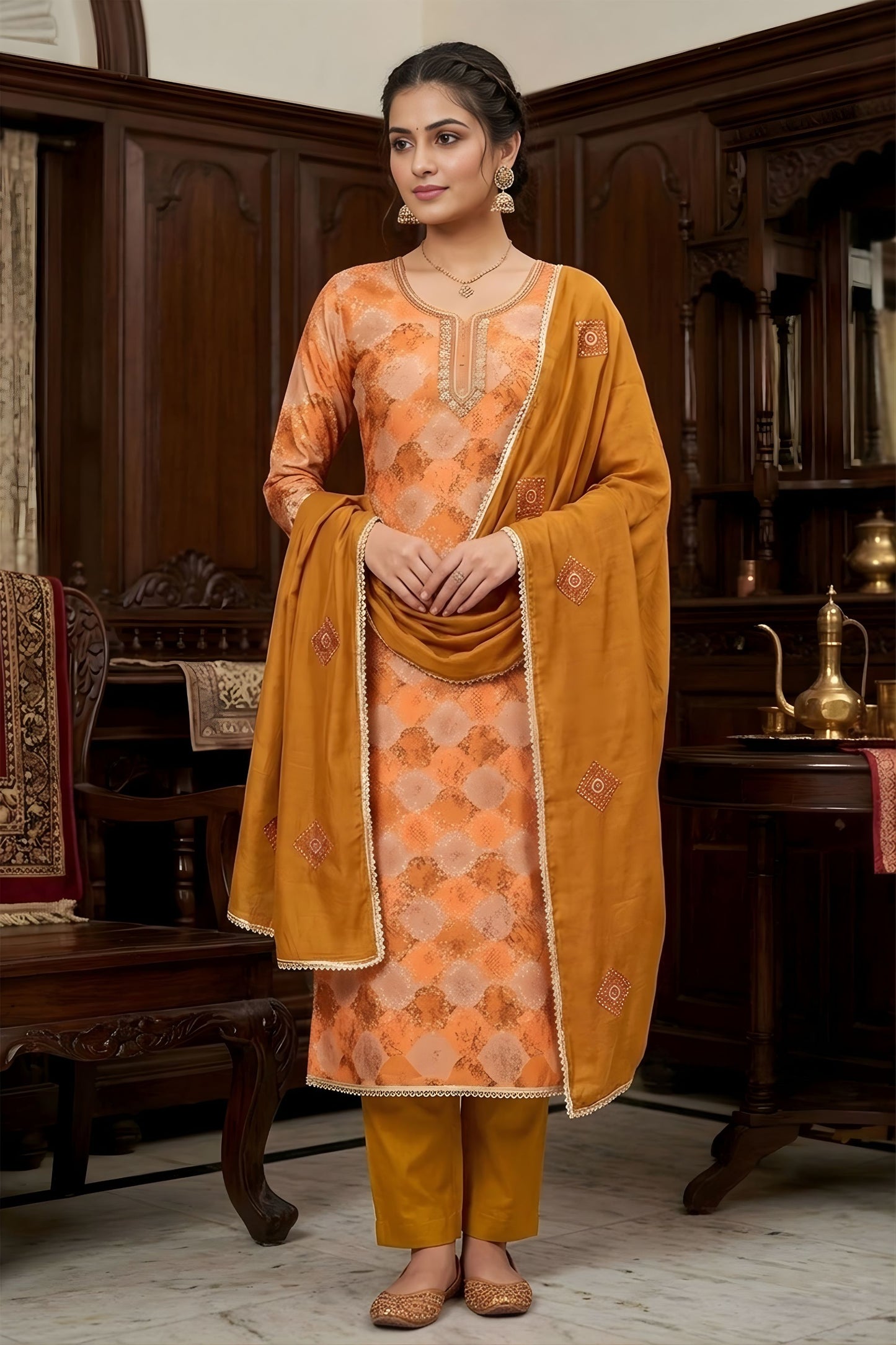 Stunning Mustard Orange Printed Muslin Straight Cut Digital Printed Salwar Suit Dupatta for Women