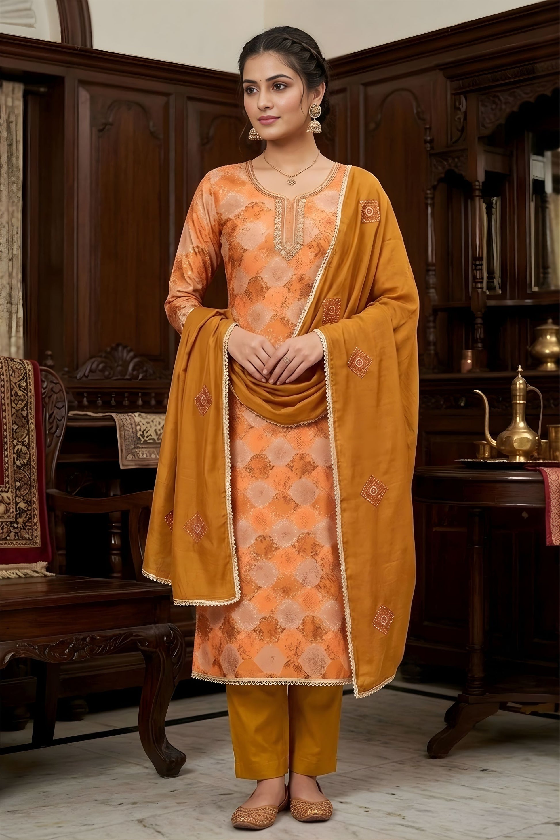 Stunning Mustard Orange Printed Muslin Straight Cut Digital Printed Salwar Suit Dupatta for Women