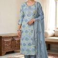 Lovely Steel Blue Printed Muslin Straight Cut Digital Printed Salwar Suit Dupatta for Women