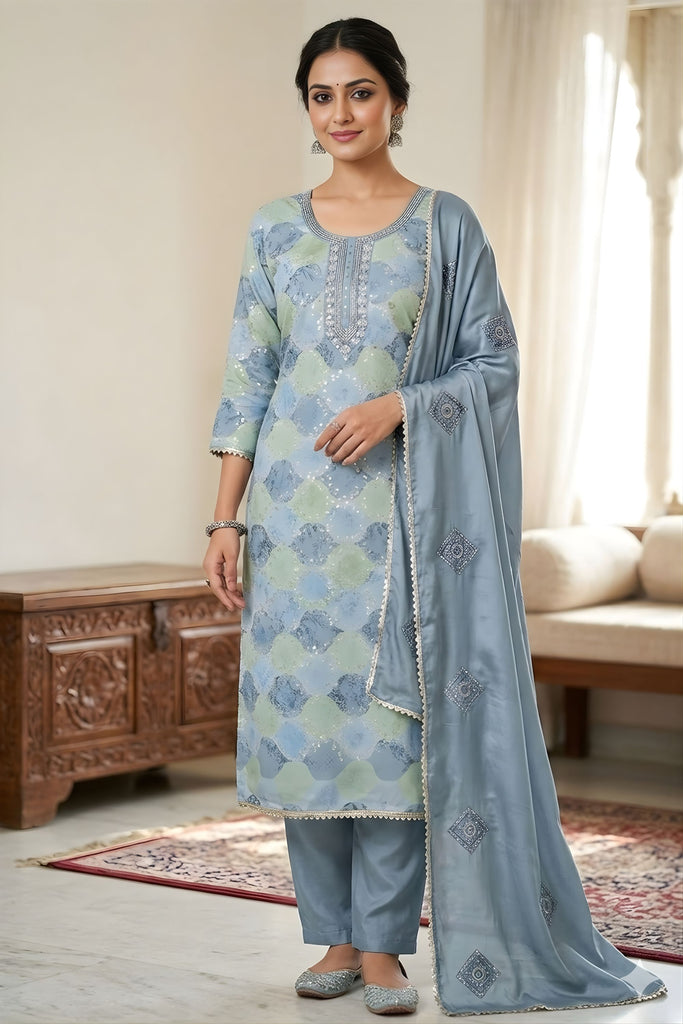 Lovely Steel Blue Printed Muslin Straight Cut Digital Printed Salwar Suit Dupatta for Women