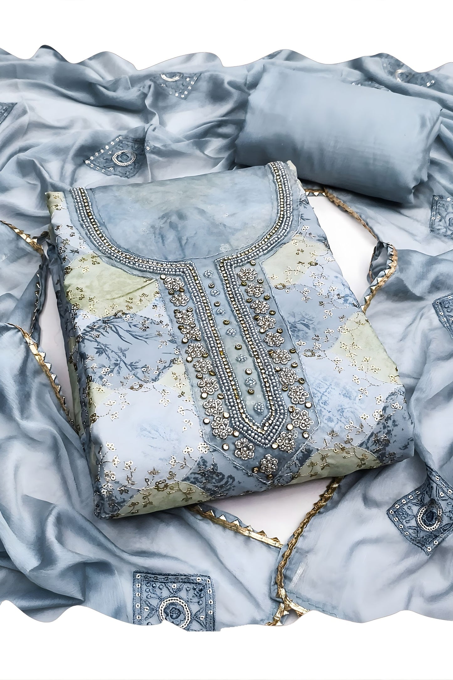 Lovely Steel Blue Printed Muslin Straight Cut Digital Printed Salwar Suit Dupatta for Women
