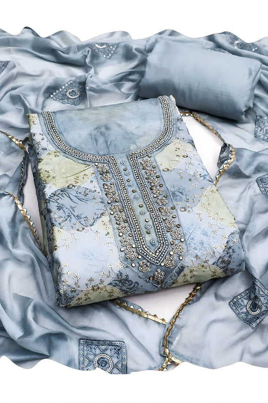 Lovely Steel Blue Printed Muslin Straight Cut Digital Printed Salwar Suit Dupatta for Women